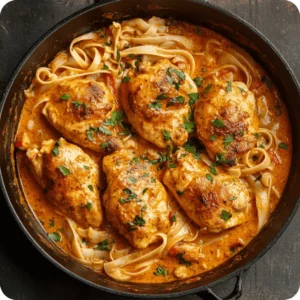 Skillet of creamy chicken thighs with pasta, garnished with fresh herbs