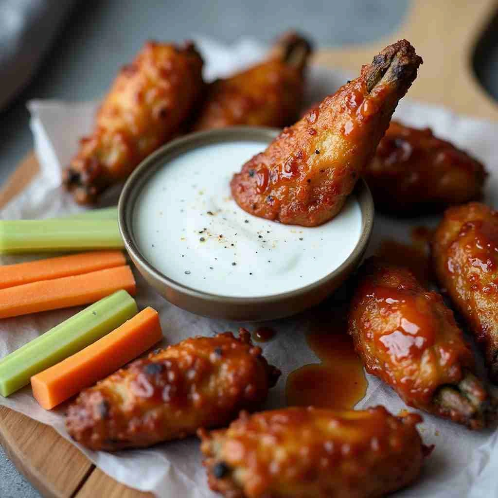 Fresh chicken wings, olive oil, and spices like salt, pepper, garlic powder, and paprika arranged on a wooden table