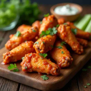 Crispy air fryer chicken wings arranged on a wooden platter, garnished with parsley and served with celery sticks and blue cheese dressing