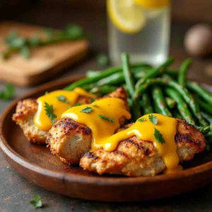 Golden-brown chicken breasts topped with melted cheddar cheese, crispy bacon, and a drizzle of creamy honey mustard sauce, served on a rustic wooden plate