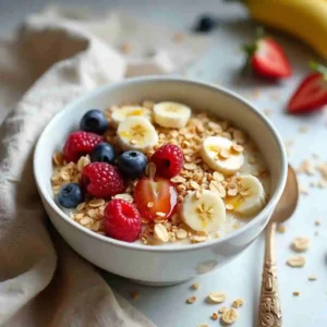 Fresh ingredients for Bircher muesli, including oats, fruits, yogurt, and nuts