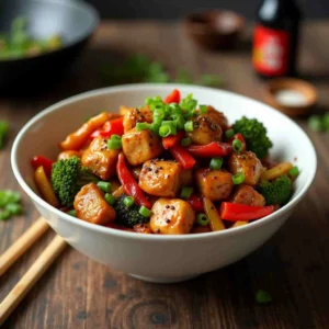 Tender chicken pieces coated in a glossy black pepper sauce, stir-fried with colorful bell peppers and broccoli, served in a white ceramic bowl