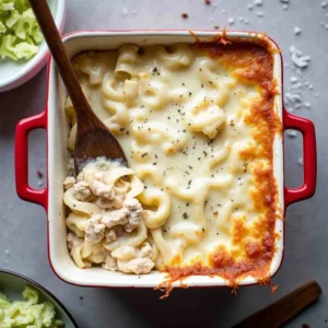 Steaming chicken noodle casserole with creamy sauce, shredded chicken, and vegetables, served in a rustic baking dish