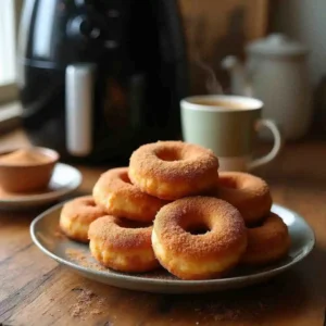 Golden brown cinnamon sugar donuts made in an air fryer, arranged on a plate with a bowl of cinnamon sugar and a cup of coffee in a cozy kitchen setting