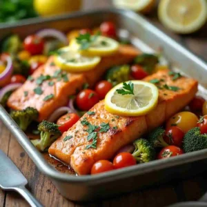 Sheet pan with parchment paper and lemon garlic marinade ingredients for salmon.