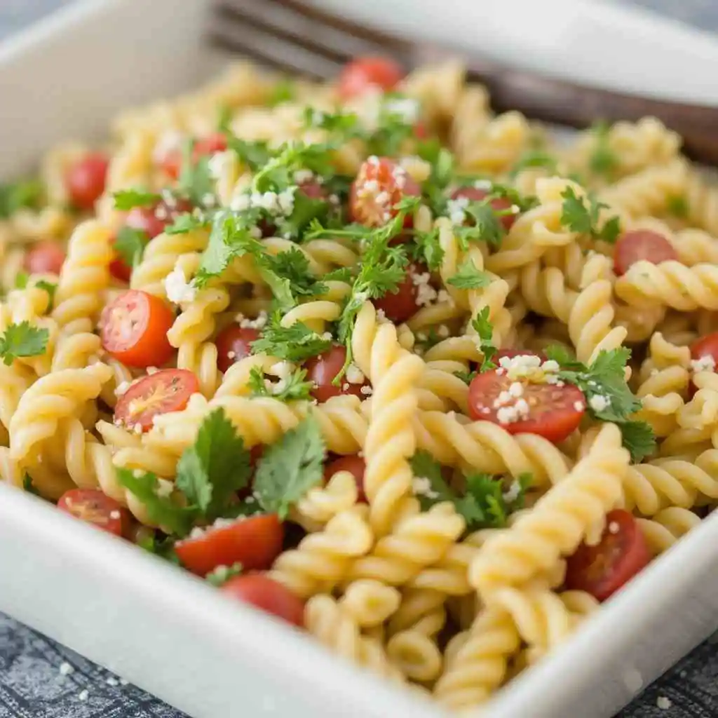 A close-up of a Pasta House Salad served in a white bowl, adorned with feta cheese and herbs.