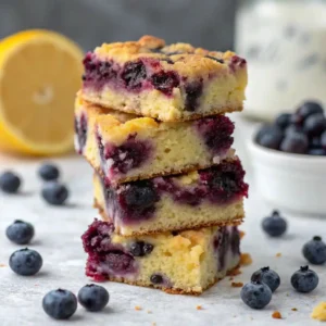 Freshly baked blueberry coffee cake with a golden streusel topping and juicy blueberries, served on a white plate