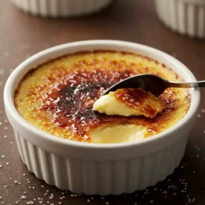 Step-by-step preparation of Crème Brûlée, showing whisking egg yolks, pouring custard into ramekins, and caramelizing sugar with a kitchen torc