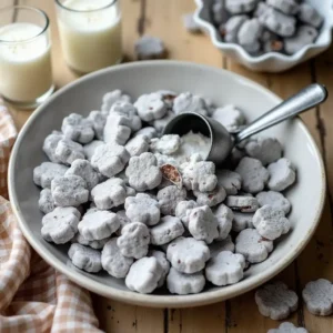 Homemade Muddy Buddies snack mix in a rustic bowl, perfect for parties or snacking