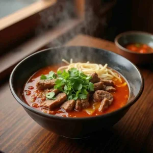 A steaming bowl of Taipei Cuisine Quincy Beef Noodle Soup with tender braised beef, rich red broth, thick noodles, bok choy, and fresh herbs