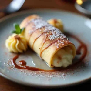 Crispy Xango Dessert garnished with fresh strawberries, sprinkles, and a dusting of cinnamon sugar