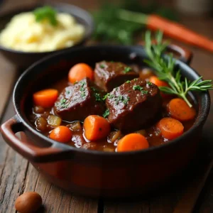 Close-up of fork-tender beef cheeks with a rich, glossy sauce and fresh herbs