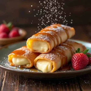 Golden-brown cheesecake chimichangas with powdered sugar and caramel drizzle on a plate